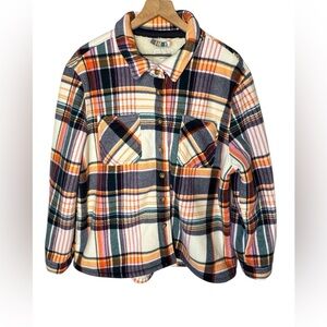 Sabrina Lauren Plaid Button Up Cream Multicolor Lightweight Sherpa Shacket Sz XL